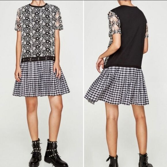 NWT ZARA Crochet Lace Check Drop Waist Dress M - Picture 9 of 9